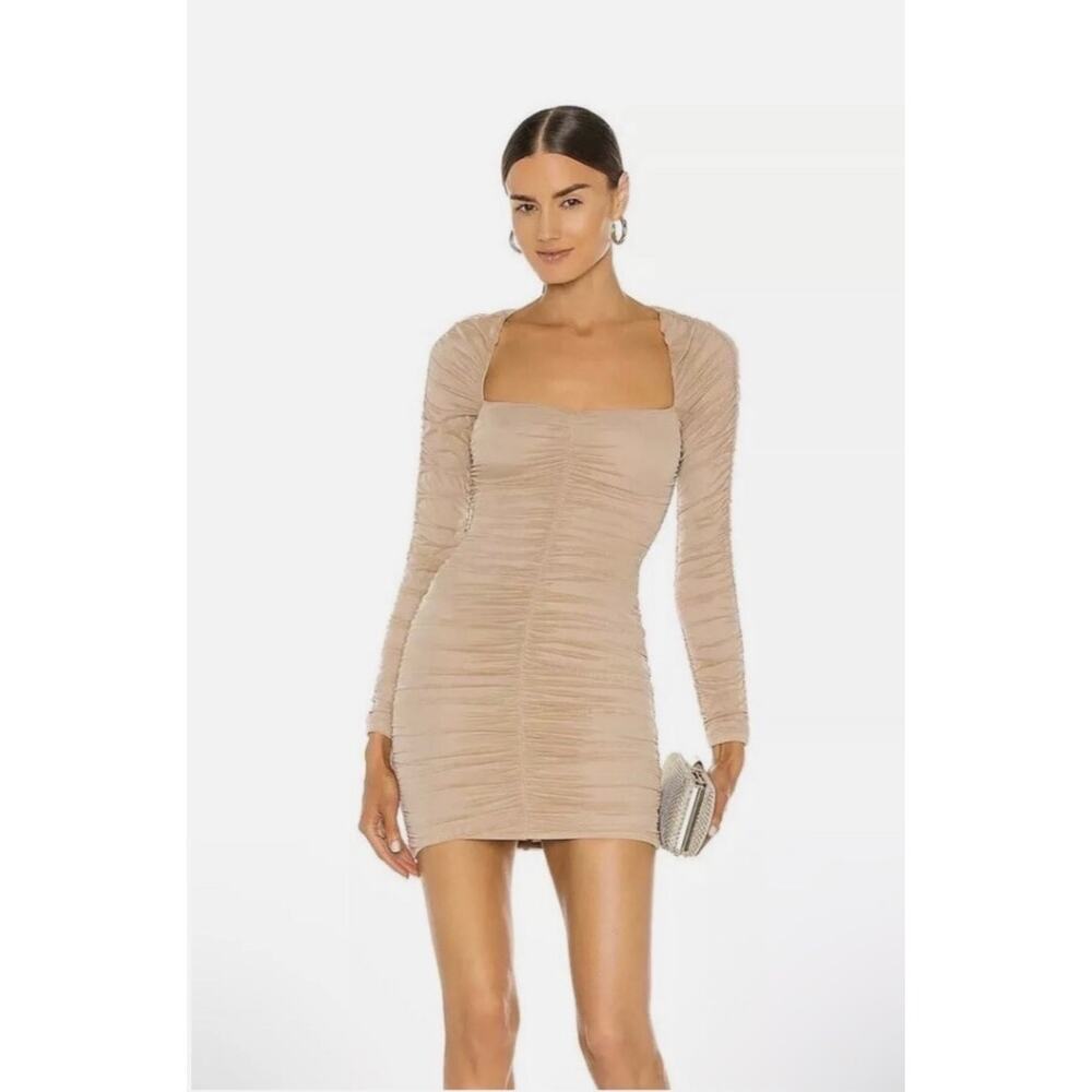 Michael Costello x Revolve Tan Long Sleeve Ruched Franky Mini Bodycon Dress M